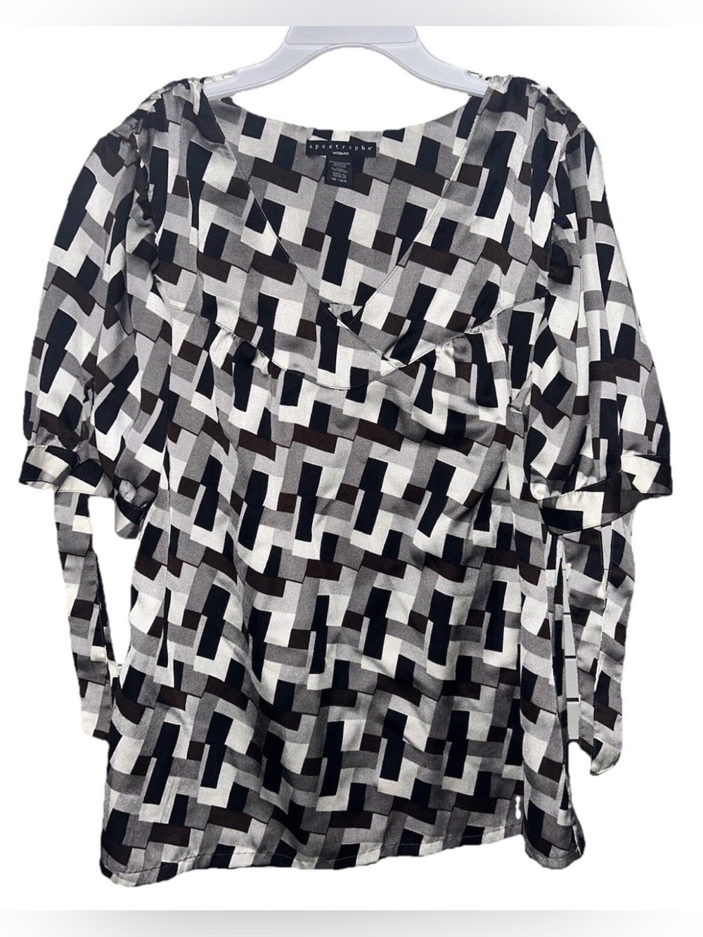 Apostrophe Multicolor Geometric Block Pattern Tie Sleeve Short Sleeve Top 16-18W